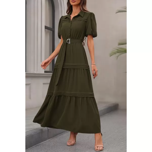 imagePRETTYGARDEN Womens Summer Maxi Dress Puff Short Sleeve Lapel V Neck Tiered A Line Flowy Elegant Party Dresses with BeltArmy Green