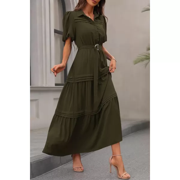 imagePRETTYGARDEN Womens Summer Maxi Dress Puff Short Sleeve Lapel V Neck Tiered A Line Flowy Elegant Party Dresses with BeltArmy Green