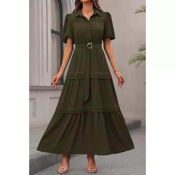 imagePRETTYGARDEN Womens Summer Maxi Dress Puff Short Sleeve Lapel V Neck Tiered A Line Flowy Elegant Party Dresses with BeltArmy Green