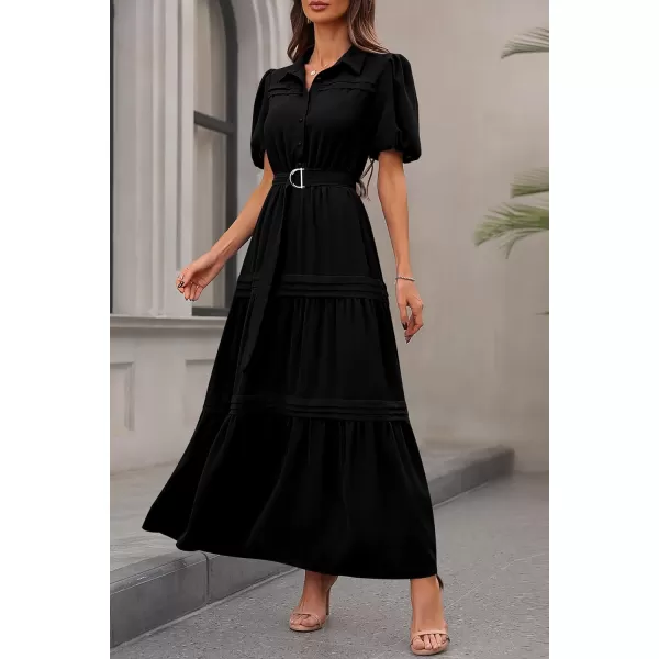 imagePRETTYGARDEN Womens Summer Maxi Dress Puff Short Sleeve Lapel V Neck Tiered A Line Flowy Elegant Party Dresses with BeltBlack