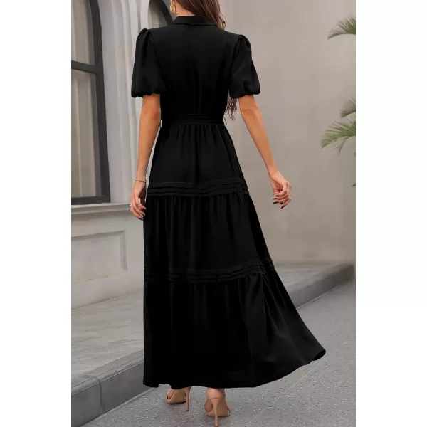 imagePRETTYGARDEN Womens Summer Maxi Dress Puff Short Sleeve Lapel V Neck Tiered A Line Flowy Elegant Party Dresses with BeltBlack
