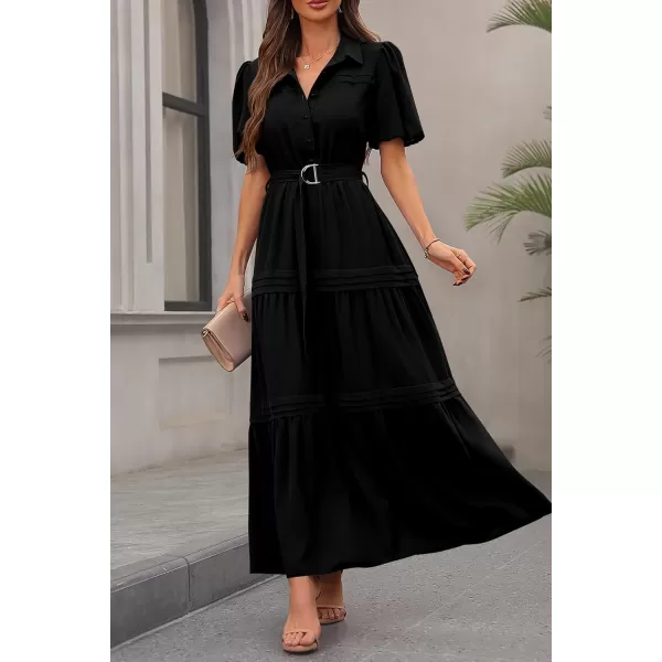 imagePRETTYGARDEN Womens Summer Maxi Dress Puff Short Sleeve Lapel V Neck Tiered A Line Flowy Elegant Party Dresses with BeltBlack