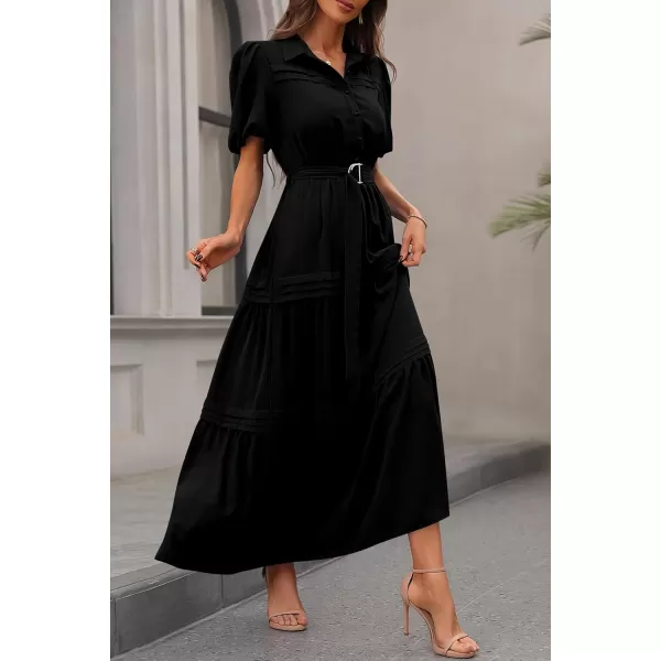 imagePRETTYGARDEN Womens Summer Maxi Dress Puff Short Sleeve Lapel V Neck Tiered A Line Flowy Elegant Party Dresses with BeltBlack