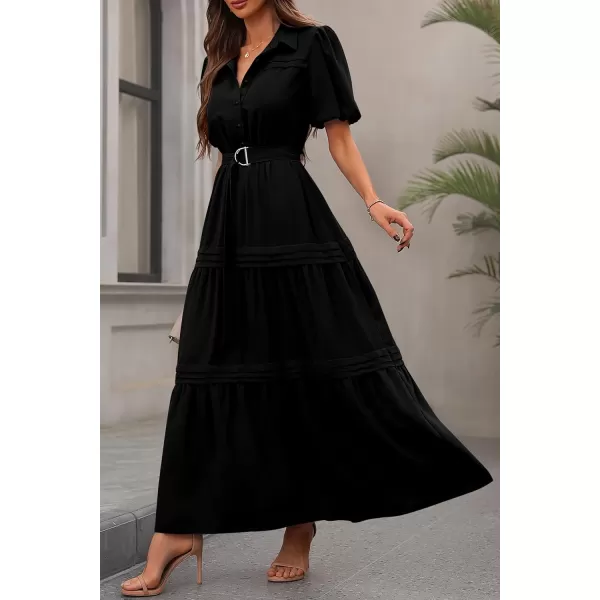 imagePRETTYGARDEN Womens Summer Maxi Dress Puff Short Sleeve Lapel V Neck Tiered A Line Flowy Elegant Party Dresses with BeltBlack
