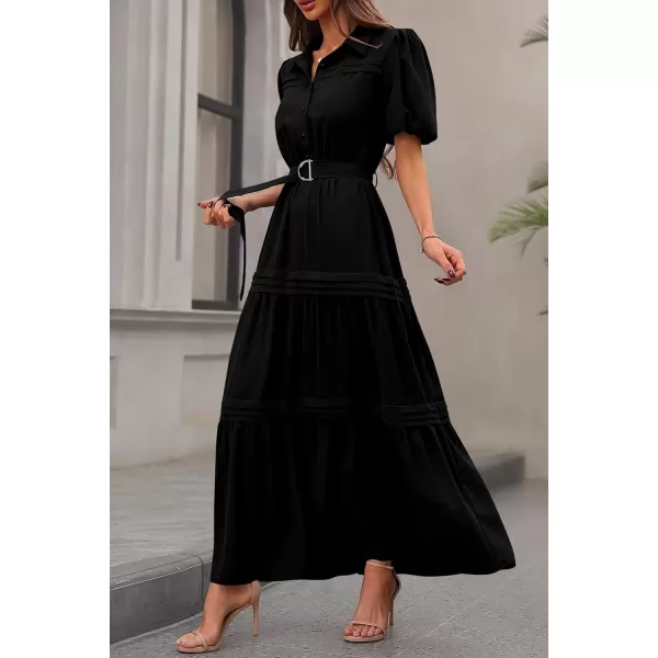 imagePRETTYGARDEN Womens Summer Maxi Dress Puff Short Sleeve Lapel V Neck Tiered A Line Flowy Elegant Party Dresses with BeltBlack