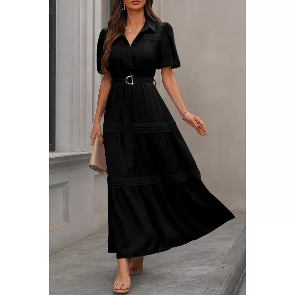 imagePRETTYGARDEN Womens Summer Maxi Dress Puff Short Sleeve Lapel V Neck Tiered A Line Flowy Elegant Party Dresses with BeltBlack