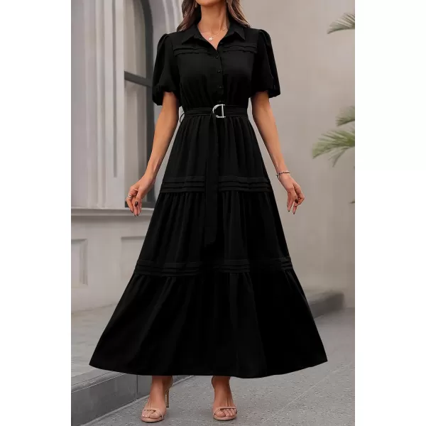 imagePRETTYGARDEN Womens Summer Maxi Dress Puff Short Sleeve Lapel V Neck Tiered A Line Flowy Elegant Party Dresses with BeltBlack