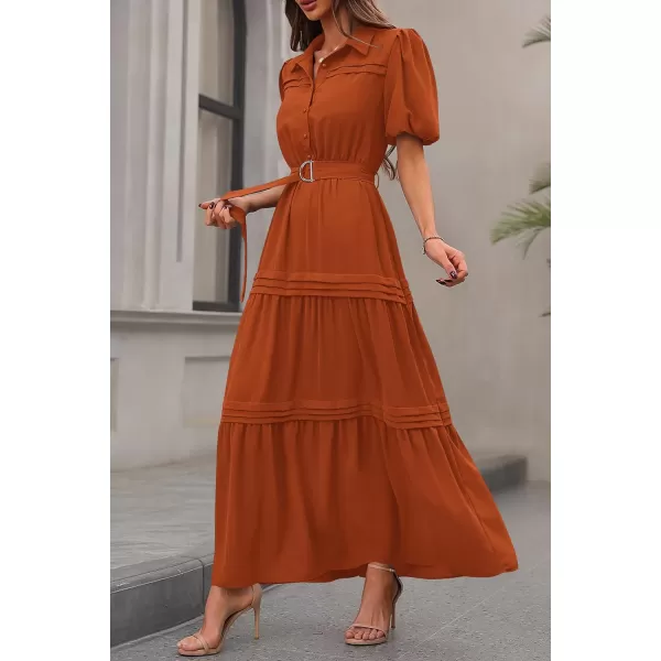 imagePRETTYGARDEN Womens Summer Maxi Dress Puff Short Sleeve Lapel V Neck Tiered A Line Flowy Elegant Party Dresses with BeltBrick Red