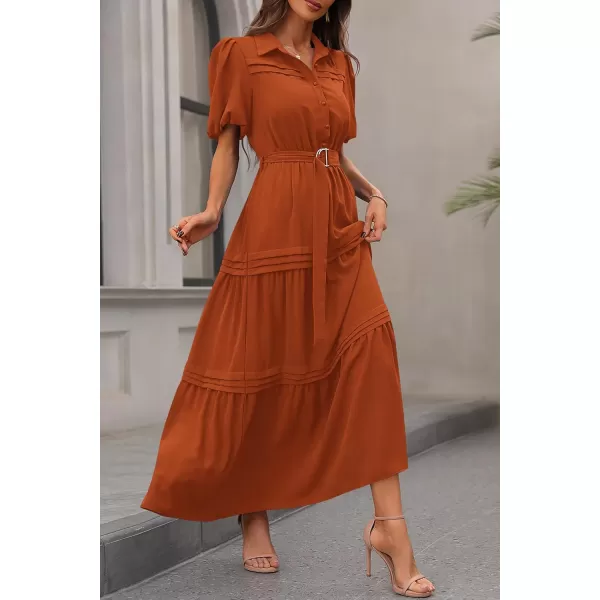 imagePRETTYGARDEN Womens Summer Maxi Dress Puff Short Sleeve Lapel V Neck Tiered A Line Flowy Elegant Party Dresses with BeltBrick Red