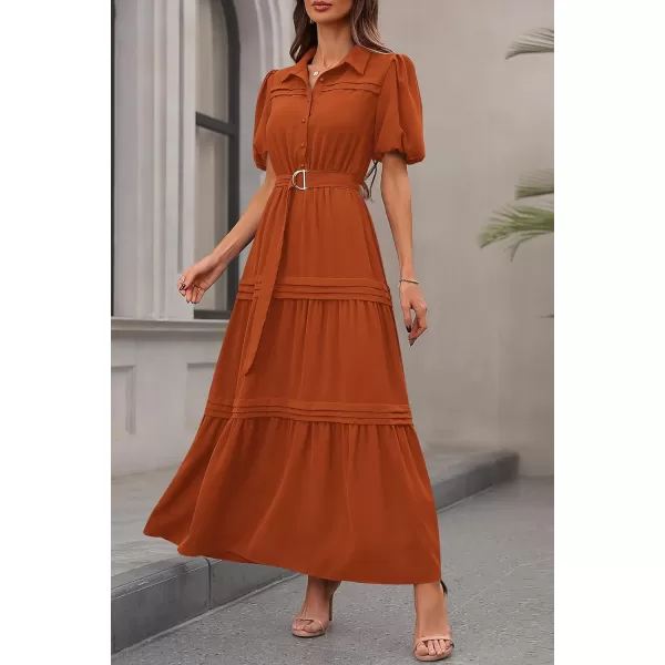 imagePRETTYGARDEN Womens Summer Maxi Dress Puff Short Sleeve Lapel V Neck Tiered A Line Flowy Elegant Party Dresses with BeltBrick Red