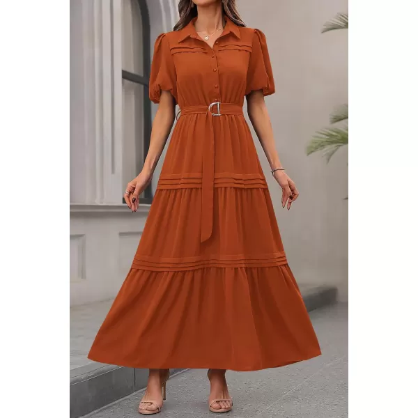 imagePRETTYGARDEN Womens Summer Maxi Dress Puff Short Sleeve Lapel V Neck Tiered A Line Flowy Elegant Party Dresses with BeltBrick Red