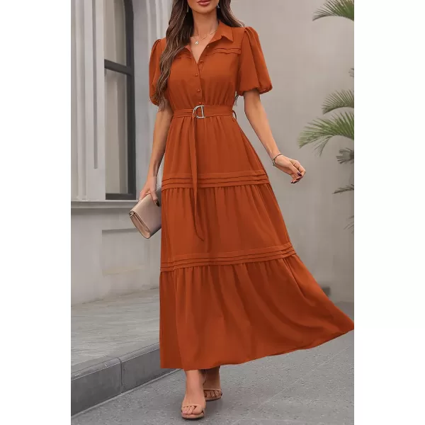 imagePRETTYGARDEN Womens Summer Maxi Dress Puff Short Sleeve Lapel V Neck Tiered A Line Flowy Elegant Party Dresses with BeltBrick Red