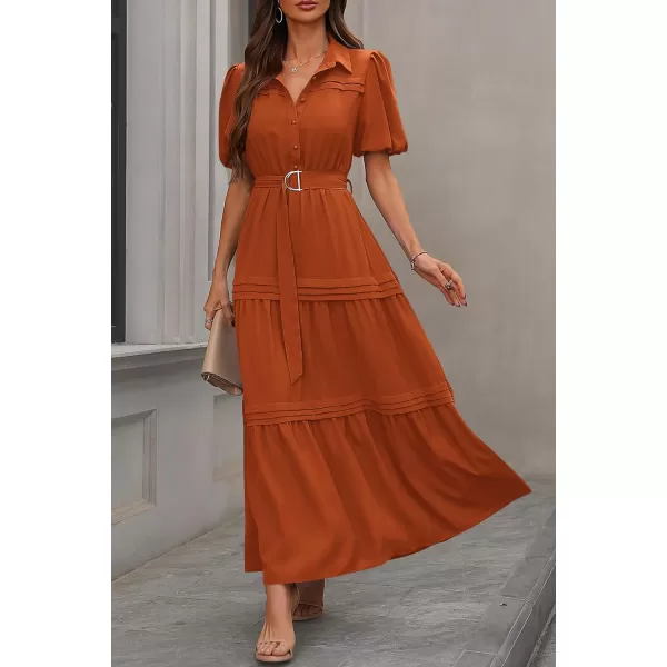 imagePRETTYGARDEN Womens Summer Maxi Dress Puff Short Sleeve Lapel V Neck Tiered A Line Flowy Elegant Party Dresses with BeltBrick Red