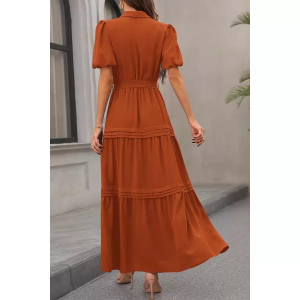 imagePRETTYGARDEN Womens Summer Maxi Dress Puff Short Sleeve Lapel V Neck Tiered A Line Flowy Elegant Party Dresses with BeltBrick Red