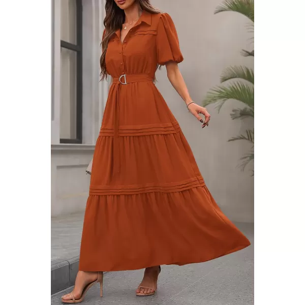 imagePRETTYGARDEN Womens Summer Maxi Dress Puff Short Sleeve Lapel V Neck Tiered A Line Flowy Elegant Party Dresses with BeltBrick Red