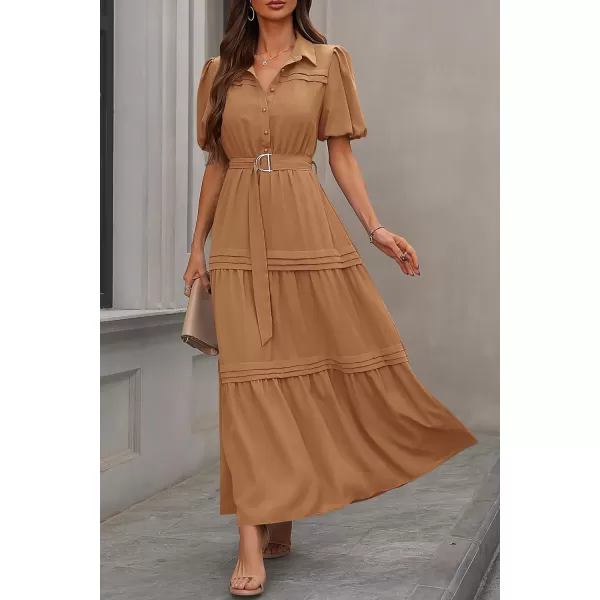 imagePRETTYGARDEN Womens Summer Maxi Dress Puff Short Sleeve Lapel V Neck Tiered A Line Flowy Elegant Party Dresses with BeltKhaki