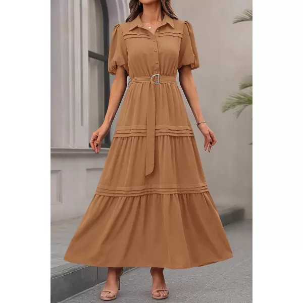 imagePRETTYGARDEN Womens Summer Maxi Dress Puff Short Sleeve Lapel V Neck Tiered A Line Flowy Elegant Party Dresses with BeltKhaki