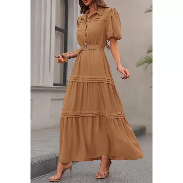 imagePRETTYGARDEN Womens Summer Maxi Dress Puff Short Sleeve Lapel V Neck Tiered A Line Flowy Elegant Party Dresses with BeltKhaki