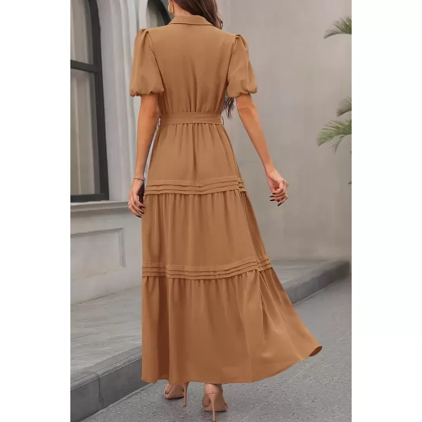 imagePRETTYGARDEN Womens Summer Maxi Dress Puff Short Sleeve Lapel V Neck Tiered A Line Flowy Elegant Party Dresses with BeltKhaki