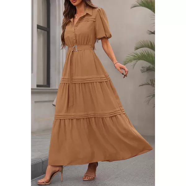 imagePRETTYGARDEN Womens Summer Maxi Dress Puff Short Sleeve Lapel V Neck Tiered A Line Flowy Elegant Party Dresses with BeltKhaki