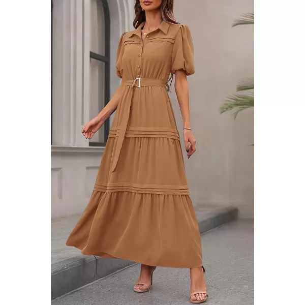 imagePRETTYGARDEN Womens Summer Maxi Dress Puff Short Sleeve Lapel V Neck Tiered A Line Flowy Elegant Party Dresses with BeltKhaki