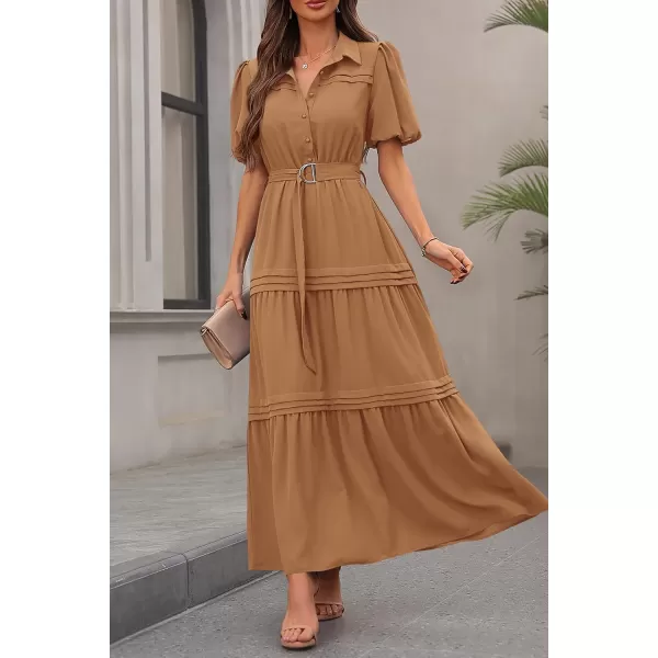 imagePRETTYGARDEN Womens Summer Maxi Dress Puff Short Sleeve Lapel V Neck Tiered A Line Flowy Elegant Party Dresses with BeltKhaki