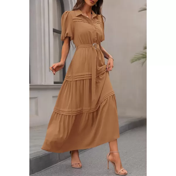 imagePRETTYGARDEN Womens Summer Maxi Dress Puff Short Sleeve Lapel V Neck Tiered A Line Flowy Elegant Party Dresses with BeltKhaki