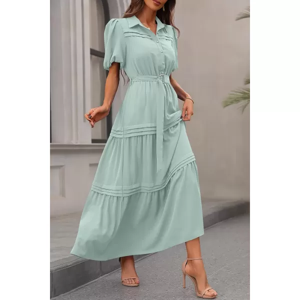 imagePRETTYGARDEN Womens Summer Maxi Dress Puff Short Sleeve Lapel V Neck Tiered A Line Flowy Elegant Party Dresses with BeltLight Green