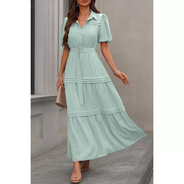 imagePRETTYGARDEN Womens Summer Maxi Dress Puff Short Sleeve Lapel V Neck Tiered A Line Flowy Elegant Party Dresses with BeltLight Green