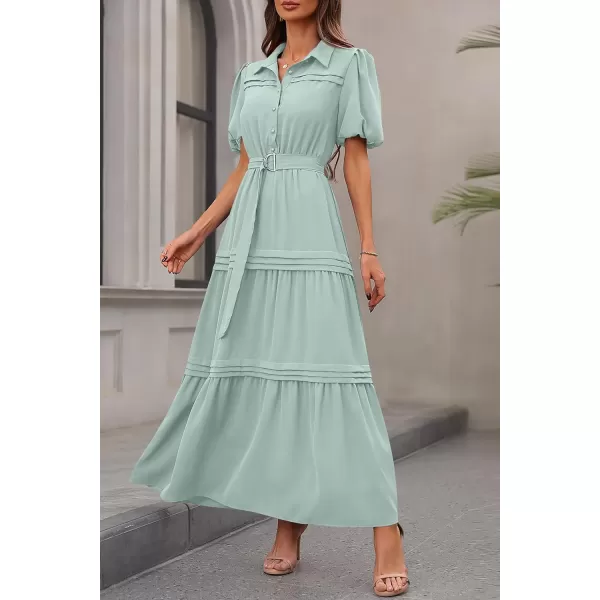 imagePRETTYGARDEN Womens Summer Maxi Dress Puff Short Sleeve Lapel V Neck Tiered A Line Flowy Elegant Party Dresses with BeltLight Green