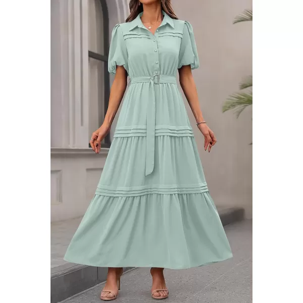 imagePRETTYGARDEN Womens Summer Maxi Dress Puff Short Sleeve Lapel V Neck Tiered A Line Flowy Elegant Party Dresses with BeltLight Green