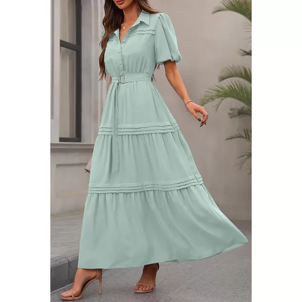 imagePRETTYGARDEN Womens Summer Maxi Dress Puff Short Sleeve Lapel V Neck Tiered A Line Flowy Elegant Party Dresses with BeltLight Green