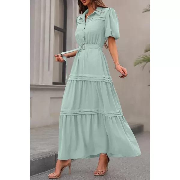 imagePRETTYGARDEN Womens Summer Maxi Dress Puff Short Sleeve Lapel V Neck Tiered A Line Flowy Elegant Party Dresses with BeltLight Green