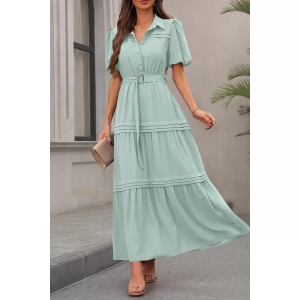 imagePRETTYGARDEN Womens Summer Maxi Dress Puff Short Sleeve Lapel V Neck Tiered A Line Flowy Elegant Party Dresses with BeltLight Green