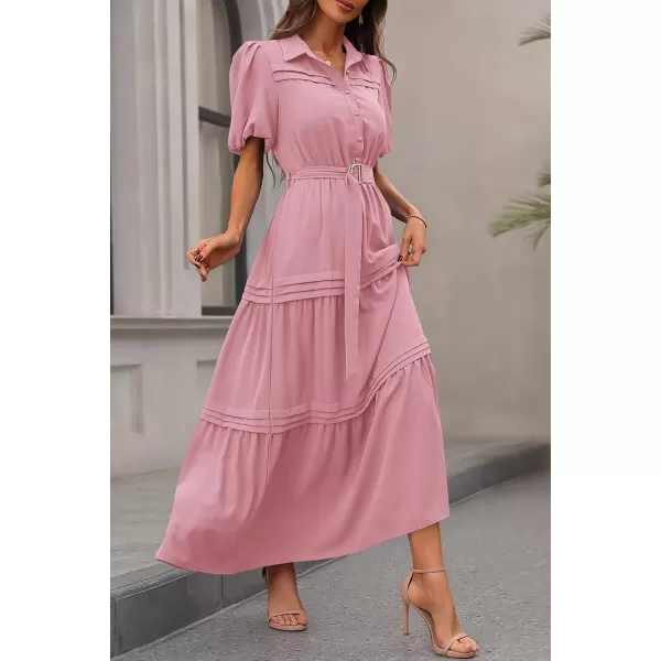 imagePRETTYGARDEN Womens Summer Maxi Dress Puff Short Sleeve Lapel V Neck Tiered A Line Flowy Elegant Party Dresses with BeltPink