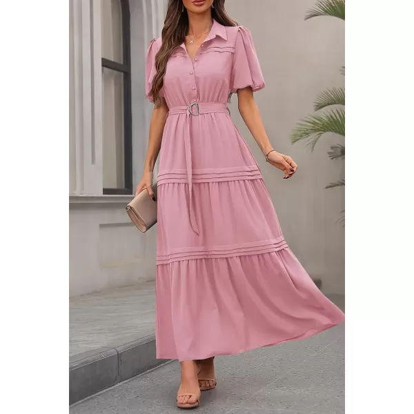 imagePRETTYGARDEN Womens Summer Maxi Dress Puff Short Sleeve Lapel V Neck Tiered A Line Flowy Elegant Party Dresses with BeltPink