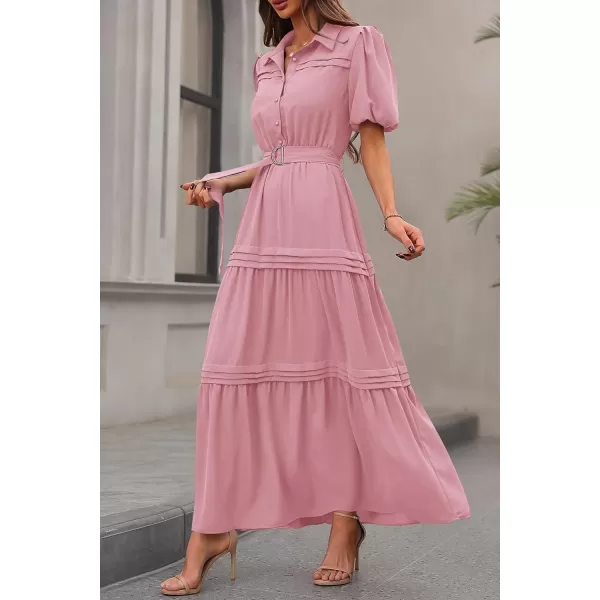 imagePRETTYGARDEN Womens Summer Maxi Dress Puff Short Sleeve Lapel V Neck Tiered A Line Flowy Elegant Party Dresses with BeltPink