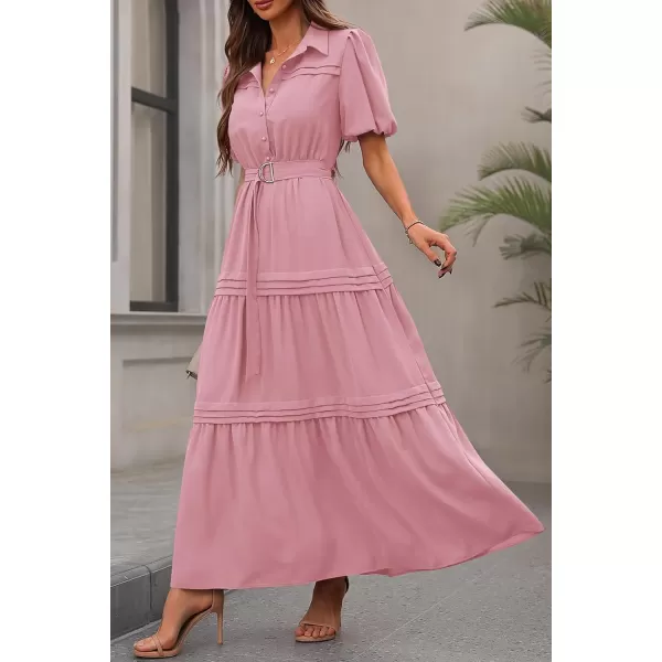 imagePRETTYGARDEN Womens Summer Maxi Dress Puff Short Sleeve Lapel V Neck Tiered A Line Flowy Elegant Party Dresses with BeltPink