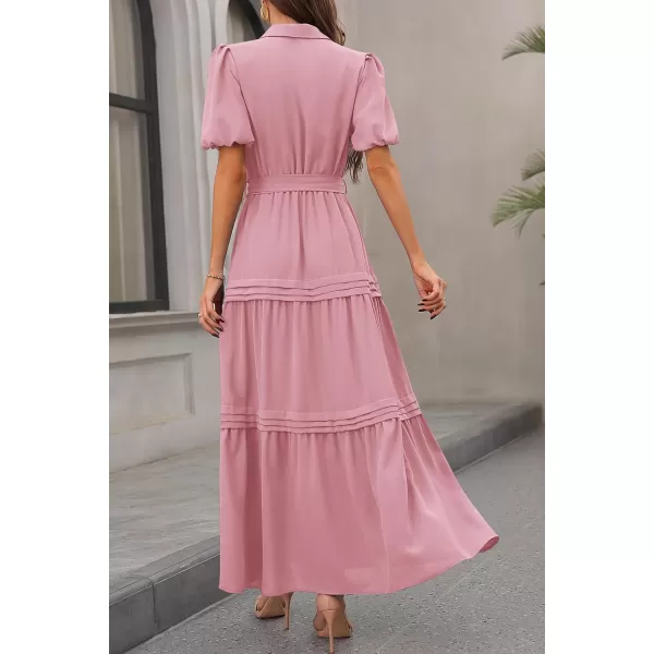 imagePRETTYGARDEN Womens Summer Maxi Dress Puff Short Sleeve Lapel V Neck Tiered A Line Flowy Elegant Party Dresses with BeltPink