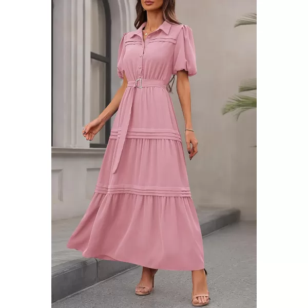 imagePRETTYGARDEN Womens Summer Maxi Dress Puff Short Sleeve Lapel V Neck Tiered A Line Flowy Elegant Party Dresses with BeltPink
