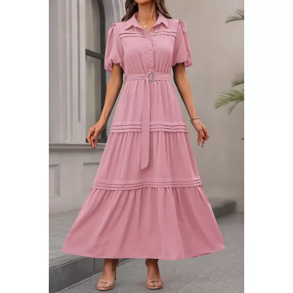 imagePRETTYGARDEN Womens Summer Maxi Dress Puff Short Sleeve Lapel V Neck Tiered A Line Flowy Elegant Party Dresses with BeltPink