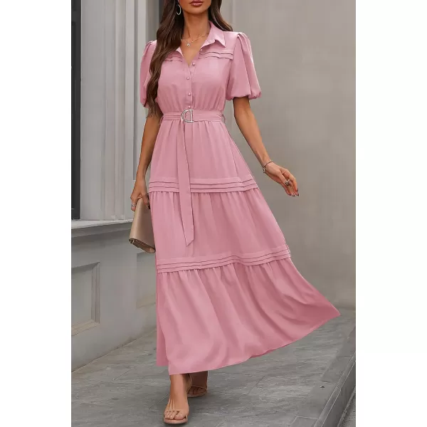 imagePRETTYGARDEN Womens Summer Maxi Dress Puff Short Sleeve Lapel V Neck Tiered A Line Flowy Elegant Party Dresses with BeltPink