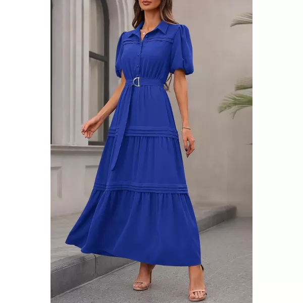 imagePRETTYGARDEN Womens Summer Maxi Dress Puff Short Sleeve Lapel V Neck Tiered A Line Flowy Elegant Party Dresses with BeltRoyal Blue
