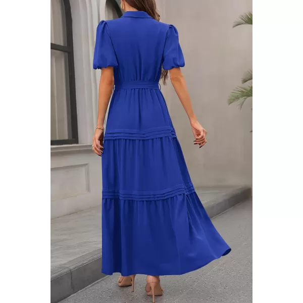 imagePRETTYGARDEN Womens Summer Maxi Dress Puff Short Sleeve Lapel V Neck Tiered A Line Flowy Elegant Party Dresses with BeltRoyal Blue
