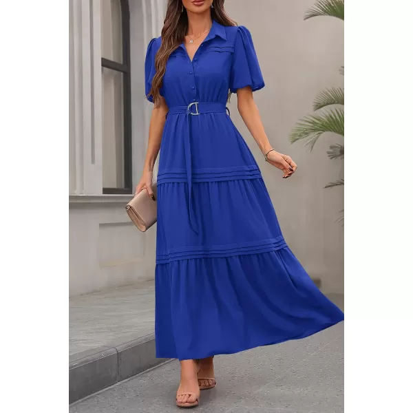 imagePRETTYGARDEN Womens Summer Maxi Dress Puff Short Sleeve Lapel V Neck Tiered A Line Flowy Elegant Party Dresses with BeltRoyal Blue