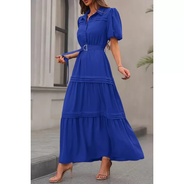 imagePRETTYGARDEN Womens Summer Maxi Dress Puff Short Sleeve Lapel V Neck Tiered A Line Flowy Elegant Party Dresses with BeltRoyal Blue