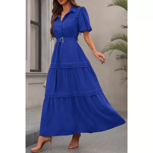 imagePRETTYGARDEN Womens Summer Maxi Dress Puff Short Sleeve Lapel V Neck Tiered A Line Flowy Elegant Party Dresses with BeltRoyal Blue