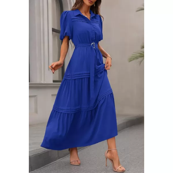 imagePRETTYGARDEN Womens Summer Maxi Dress Puff Short Sleeve Lapel V Neck Tiered A Line Flowy Elegant Party Dresses with BeltRoyal Blue