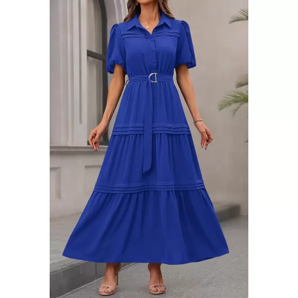 imagePRETTYGARDEN Womens Summer Maxi Dress Puff Short Sleeve Lapel V Neck Tiered A Line Flowy Elegant Party Dresses with BeltRoyal Blue