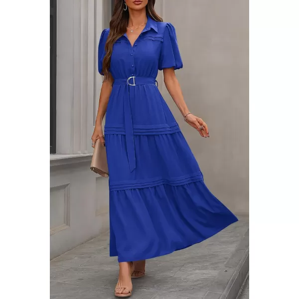 imagePRETTYGARDEN Womens Summer Maxi Dress Puff Short Sleeve Lapel V Neck Tiered A Line Flowy Elegant Party Dresses with BeltRoyal Blue